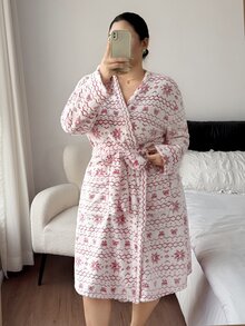 Napfluff CURVE Napfluff CURVE Christmas Fair Isle Snowflake Bow Pattern Plush Long Sleeve Drop Shoulder Pocket Plus Size Women's Robe - Multicolor - View 3