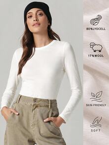 SHEIN BASICS 女款純色圓領長袖休閒百搭T恤 - 白色 - 查看 1