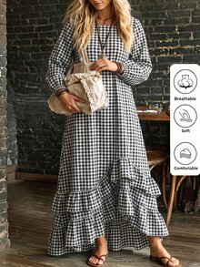Linhara CURVE 2026新款大尺碼休閒條紋圓領長袖燈籠袖拼接荷葉邊女款長洋裝 - 黑與白 - 查看 6