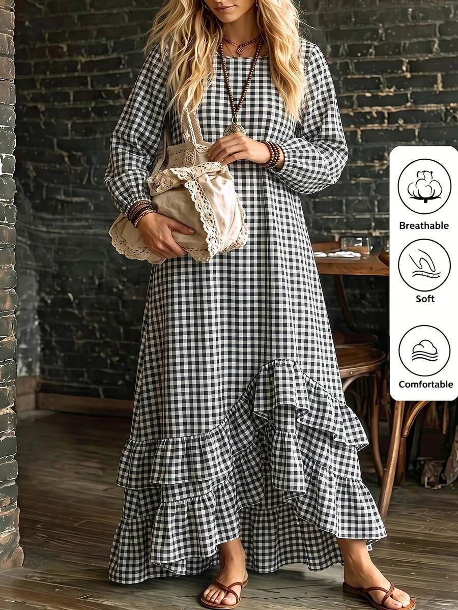 Linhara CURVE 2026 New Plus Size Casual Striped Round Neck Long Sleeve Lantern Sleeve Long Patchwork Ruffle Hem Women's Dress - Black and White - View 1