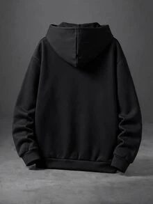 SHEIN 1件青少年男孩寬鬆休閒極簡高街設計 3D毛巾刺繡拼接多彩多圖案套頭衛衣，舒適面料，獨特版型，秋冬新款，適合多種場合 - 黑色 - 查看 2