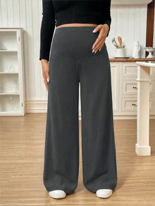 SHEIN 孕婦純色可調腰寬腿寬鬆休閒長褲 - 深灰色 - 查看 6