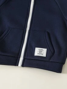 SHEIN 2件組嬰兒男孩女孩運動休閒日常舒適白色字母裝飾與白色條紋海軍藍寬鬆連帽開襟運動衫與長褲套裝，適合外出、上學、日常運動，秋冬款 - 藏蓝色 - 查看 6