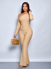 SOLERSUN Women Elegant OneShoulder Ruched Jumpsuit,Long Sleeve Metal Buckle Detail Flare Leg Formal Romper For Wedding Guest Evening Party Holiday Occasion - Khaki - View 5