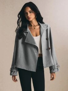 Poéselle 女款格紋立領單排扣長袖休閒風衣外套 - 黑與白 - 查看 8