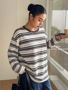 Dazy Plus 女款大尺碼圓領休閒寬鬆長袖條紋街頭風時尚T恤 - 棕色 - 查看 7