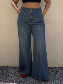 Dazy Plus Spring/Autumn New Vacation Outfit Blue Cotton Flare Jeans With Distressed Split Line Slimming Denim Pants - Medium Wash - View 3