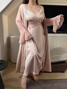 Dazy Plus Patchwork Camisole Maxi Dress Loose Long Cardigan Home Wear Elegant Pajama Set - Pink - View 5