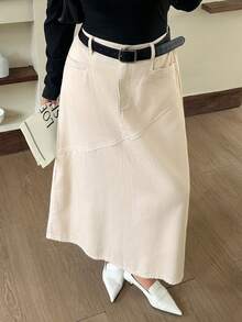 Dazy Plus Autumn New High Waist Solid Color Asymmetric Patchwork Loose A-Line Denim Long Skirt - Apricot - View 2