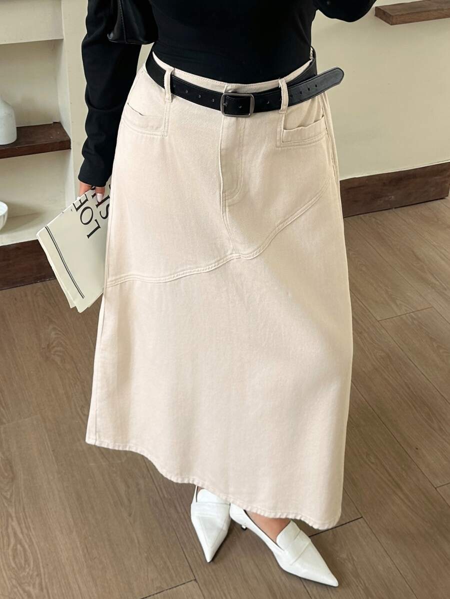 Dazy Plus Autumn New High Waist Solid Color Asymmetric Patchwork Loose A-Line Denim Long Skirt Vacation Office White Casual - Apricot - View 1