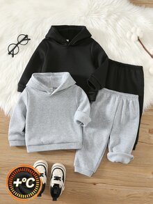 SHEIN 男嬰秋冬加厚高級黑色與灰色連帽衛衣 4件套，適合假期、聖誕節、萬聖節套裝 - 彩色 - 查看 3