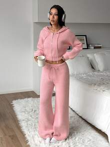 StreetHx Women's Sweet Zipper Hooded Sweater And Drawstring Waist Knit Pants Set - Pink - View 6