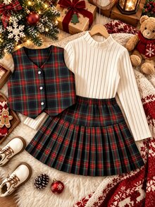 SHEIN 青少年女孩格紋百褶裙背心套裝 3件組 英倫學院風校園穿搭 - 彩色 - 查看 5