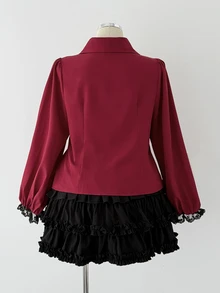 Sunspun Plus Size Dark Style Shirt Collar Lace Patchwork Puff Long Sleeve Blouse - Burgundy - View 2