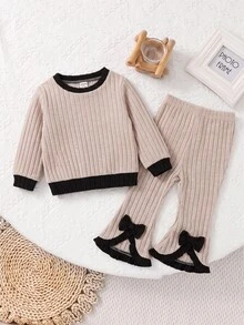 SHEIN Cute Girl Knitted Casual Colorblock Long Sleeve T-Shirt And Elastic Waist Flared Pants Set - Beige - View 6