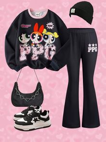 THE POWERPUFF GIRLS X SHEIN Bộ áo nỉ tay dài và quần dài in họa tiết hoạt hình cho bé gái tuổi teen - màu đen - Xem 3