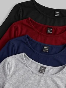 SHEIN EZwear 多色針織女款修身T恤 - 酒紅色 - 查看 3