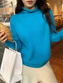 DAZY Áo len nữ cổ cao tay dài màu trơn thanh lịch, mùa Thu/Đông - Màu xanh lam - Xem 4