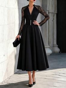 SHEIN French Vintage Lace Patchwork Dress With Pearl Waist Decor, Pleated Full Skirt, Long Dress - Black - View 1