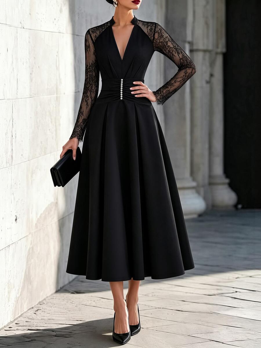 SHEIN French Vintage Lace Patchwork Dress With Pearl Waist Decor, Pleated Full Skirt, Long Dress - Black - View 1