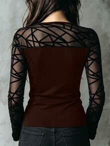 LUMIGAL Women's Sexy Casual Stretch Round-Neck Patchwork Sheer Long-Sleeved T-Shirt, Spring And Autumn - Coffee Brown - View 2