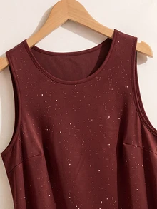 Rusticease Women's Solid Color Shiny Round Neck Sleeveless Casual Short Dress - Red - View 5