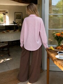 DAZY Autumn/Winter Minimalist Loose Relaxed Fit Shirt Style Women's Loungewear Set - Pink - View 2