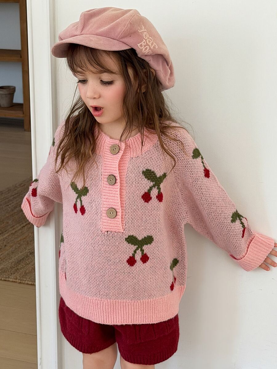 Dazy Kids Young Girl Cherry Pattern Button Half-Placket Long Sleeve Casual Sweater - Pink - View 1