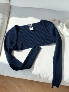 Comfortcana 春季純色短版開襟衫，不含內搭背心，黑色上衣，適合秋冬 - 藏蓝色 - 查看 4