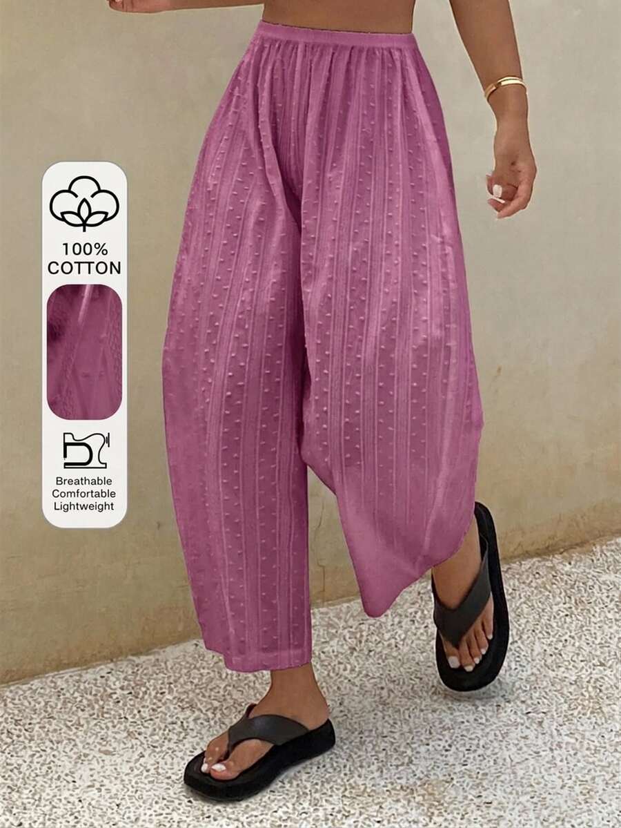 Livesso Spring Summer Autumn Solid Color Textured Fabric Loose Fit Women's Pajama Bottoms - Hot Pink - View 1