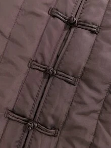 SHEIN Franclia New Chinese Style Frog Button Stand Collar Vertical Quilted Padded Coat For Women, Vintage Short Loose Lightweight Padded Coat, National Style - Brown - View 4