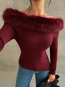 Firerie Sweater Pullover Kerah Bulu Wanita Biasa - Coffee Brown - View 8