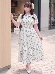 Bijouette 大尺碼女款春夏碎花抽繩蝴蝶結裝飾喇叭裙，收腰修身百搭長洋裝 - 藍色 - 查看 7