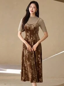 DAZY Elegant Waist-Flattering A-Line Midi Dress For Women - Brown - View 7