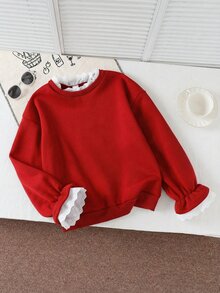 SHEIN Tween Girls Fall Holiday Red And White Sweatshirt, Lace Ruffle Collar Cuff, Cute Long Sleeve Pullover For Christmas Valentine Daily Wear School - Red - View 1