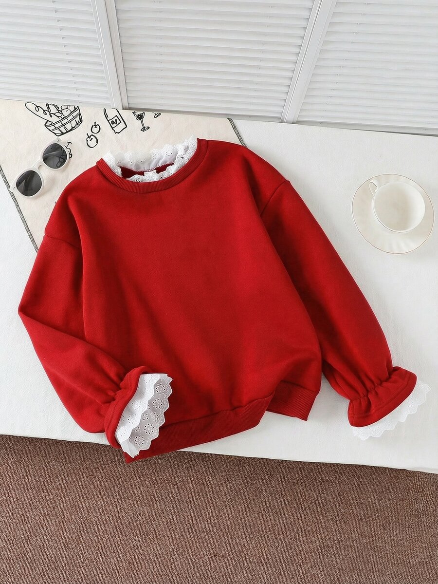 SHEIN Tween Girls Fall Holiday Red And White Sweatshirt, Lace Ruffle Collar Cuff, Cute Long Sleeve Pullover For Christmas Valentine Daily Wear School - Red - View 1