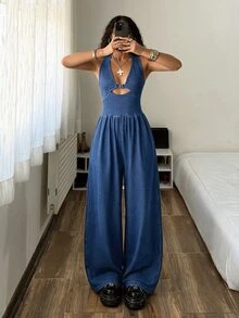 StreetHx Women's Deep V-Neck Buckle Design Sexy Halter Wide Leg Denim Jumpsuit - Blue - View 1