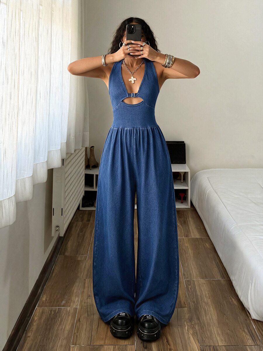StreetHx Women's Deep V-Neck Buckle Design Sexy Halter Wide Leg Denim Jumpsuit - Blue - View 1