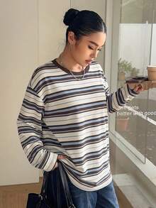 Dazy Plus 女款大尺碼圓領休閒寬鬆長袖條紋街頭風時尚T恤 - 棕色 - 查看 3