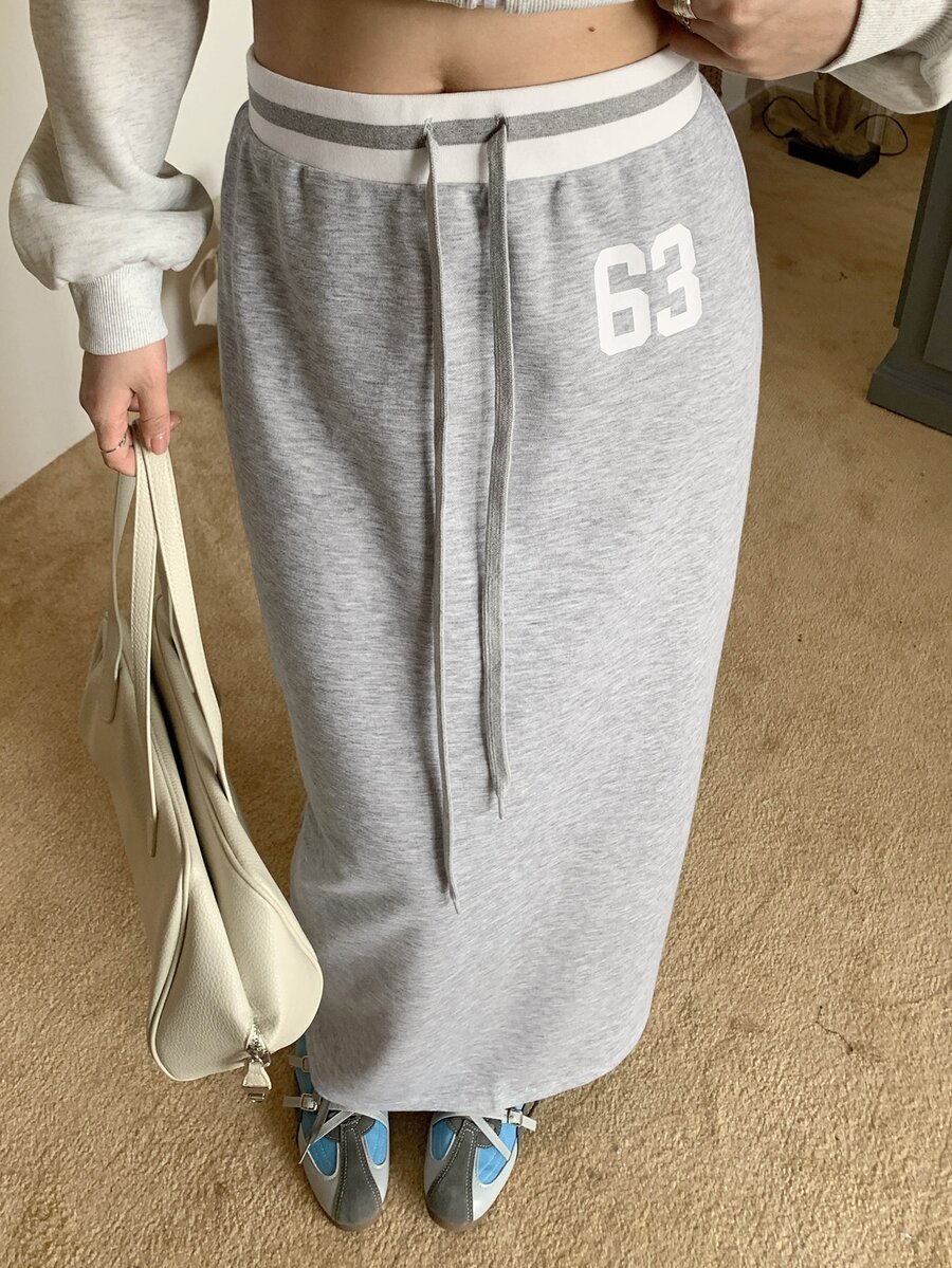 Dazy Plus Contrast Color Letter Korean Style Casual Long Knit Skirt - Grey - View 1