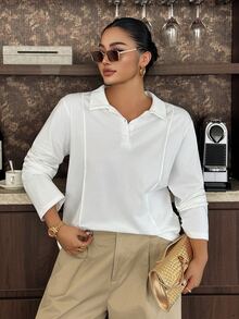 Dazy Plus Minimalist Half-Button Front Casual White Long Sleeve Versatile T-Shirt - White - View 7