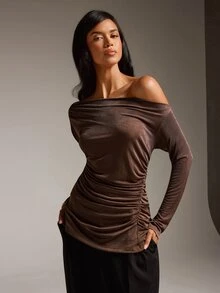 COSMINA تي شيرت بني بكتف غير متماثل وأكمام طويلة وخصر مجعد، ملابس كاجوال يومية، ملابس منزلية، خريف/شتاء - بني - مشاهدة 5