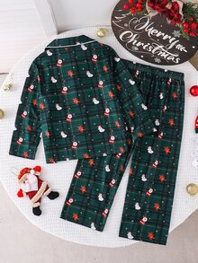 SHEIN 小男孩秋冬聖誕雪人深綠色格紋印花長袖開襟家居服套裝 2 件組 - 墨綠色 - 查看 2