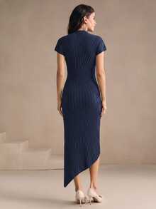 Anewsta Women's Elegant Semi-High Neck Knitted Long Dress, Slim Fit Solid Color Commuter Versatile Holiday Dress For Spring And Autumn - Navy Blue - View 7