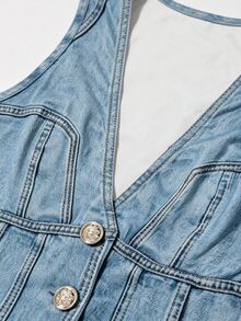 SHEIN 女款優雅復古時尚深V領金屬扣修身無袖背心，美式復古收腰低領顯身材修身短版背心 - 淺藍色 - 查看 5
