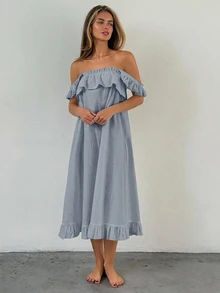 Livesso Minimalist Solid Color Ruffle Trim Sleeveless Loose Long Dress Women's Nightgown - Navy Blue - View 5