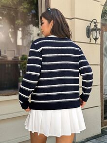 Easura Plus Size Striped Crew Neck Colorblock Knit Sweater - Navy Blue - View 2