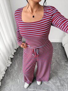 Elenzga 大尺碼女款方領長袖T恤與寬腿褲條紋休閒兩件套 - 紅色 - 查看 3