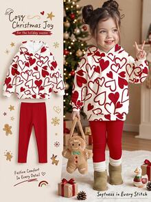 Young Girl Graffiti Heart Print Long Sleeve Hoodie & Leggings 2 Pieces Set For Outings And Parties - Multicolor - View 1