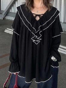 FRIFUL 女款初秋新款韓式風層次荷葉領綁帶袖口喇叭袖純色T恤 - 黑色 - 查看 3